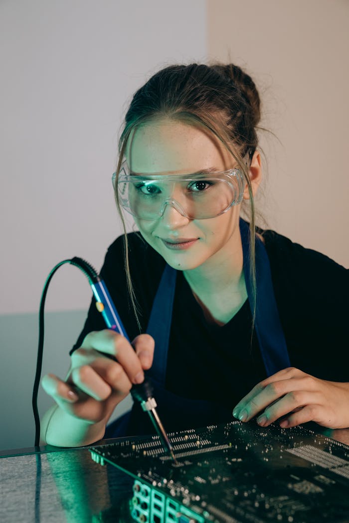 services-04 Young female engineer soldering electronics circuit board with precision and care.